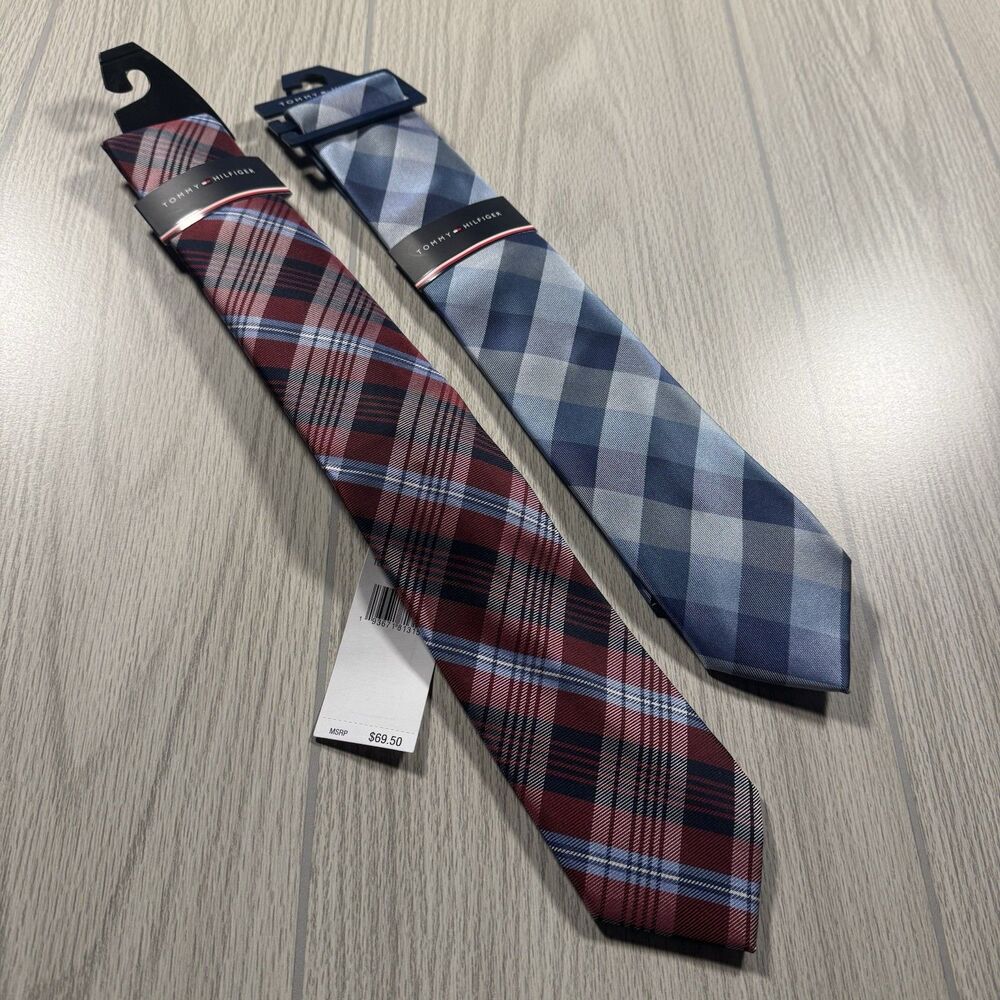 Lot of 2 Tommy Hilfiger Neck Ties Blue Red Plaid Slim Skinny NEW